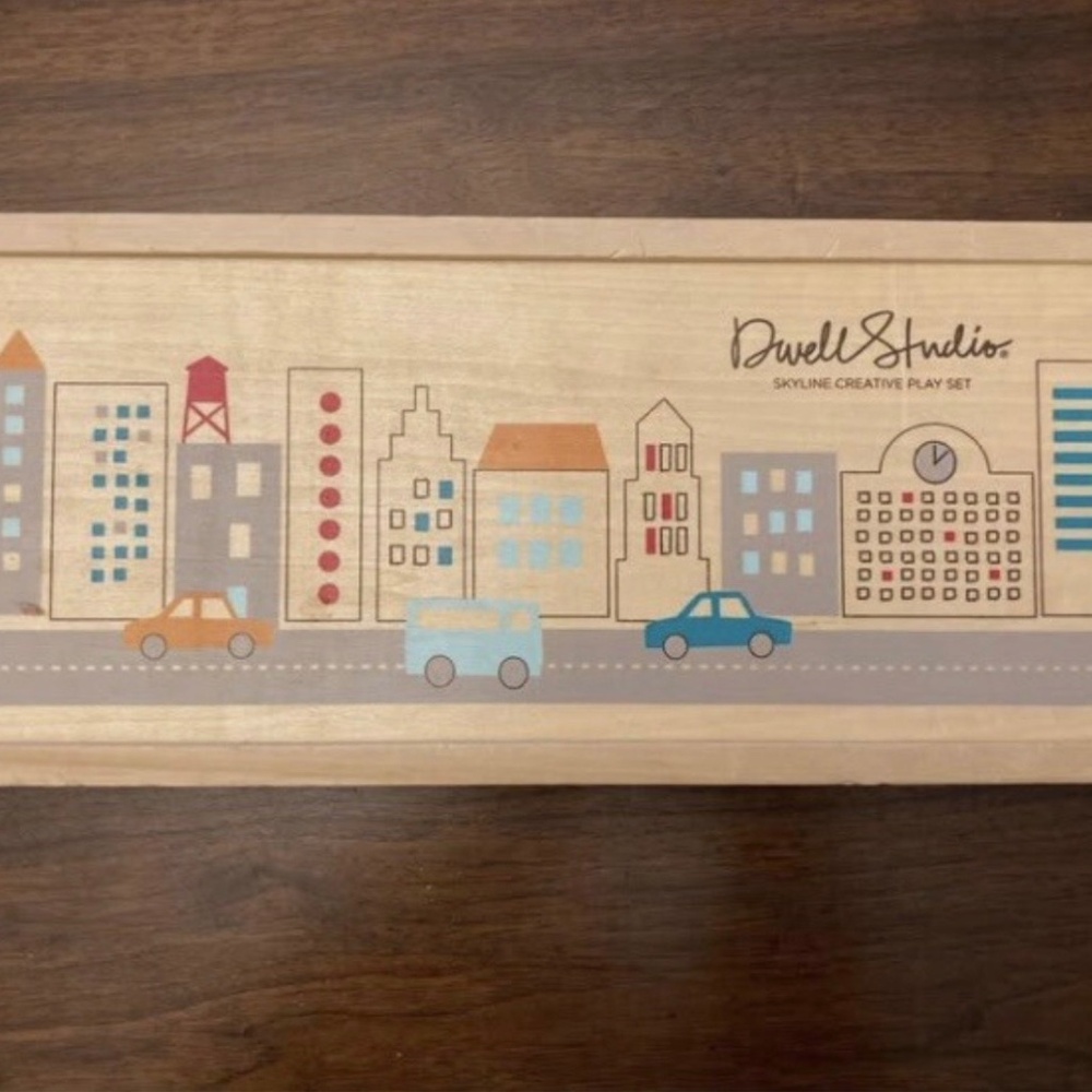 Dwell Studio Skyline nursery blocks, paintings, and blankets